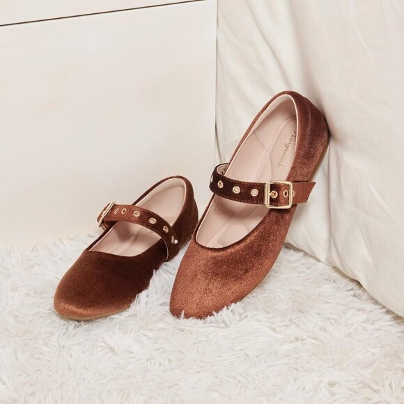 Women Velvet Coffee Polyurethane (PU) Closed Toe Strap Buckle Ballerina Flats - Picture 8 of 8